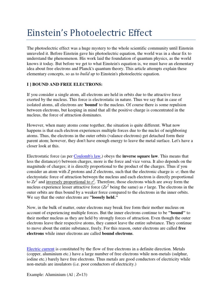 Einstein's Photoelectric Effect PDF Photoelectric Effect Photon