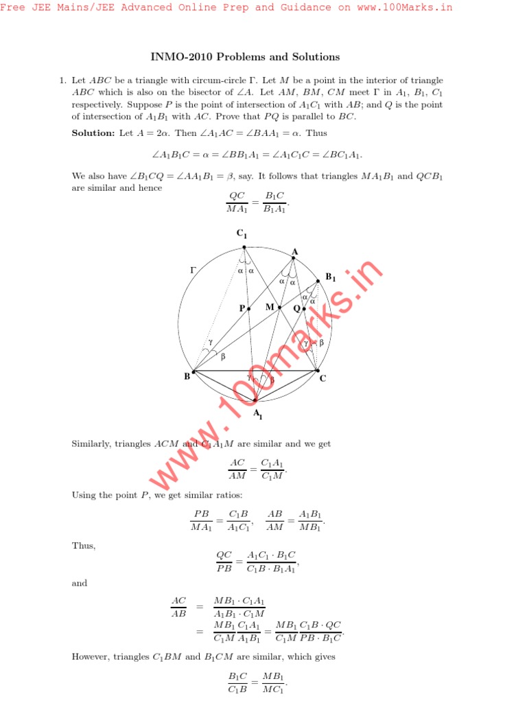 INMO 2010 Problems and Solutions | PDF | Triangle | Geometry