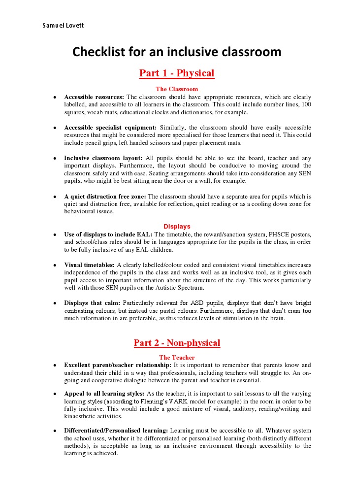 Inclusive Classroom Checklist Guide | PDF | Classroom | Inclusion ...