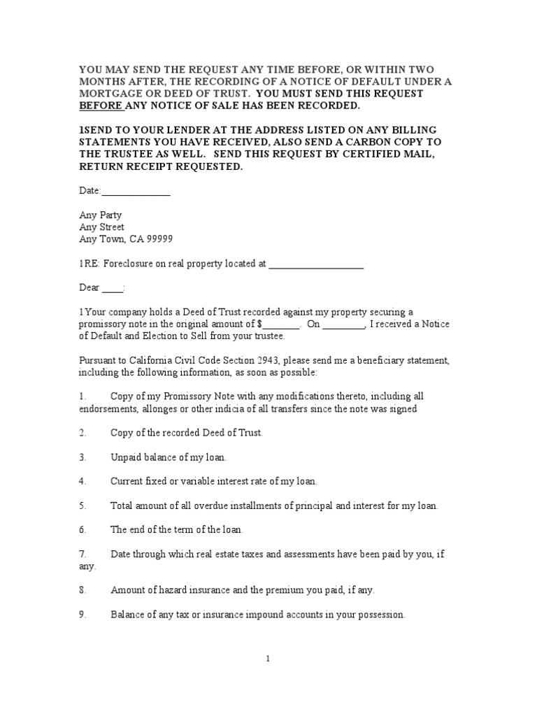 Sample Beneficiary Statement Request Under California Civil Code Section 2943 Deed Of Trust Real Estate Real Estate Law