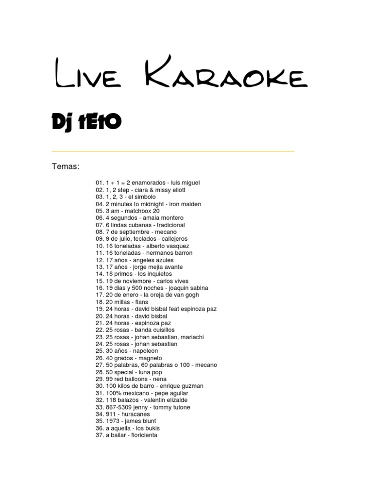 Lista Karaoke Cantantes Músicos