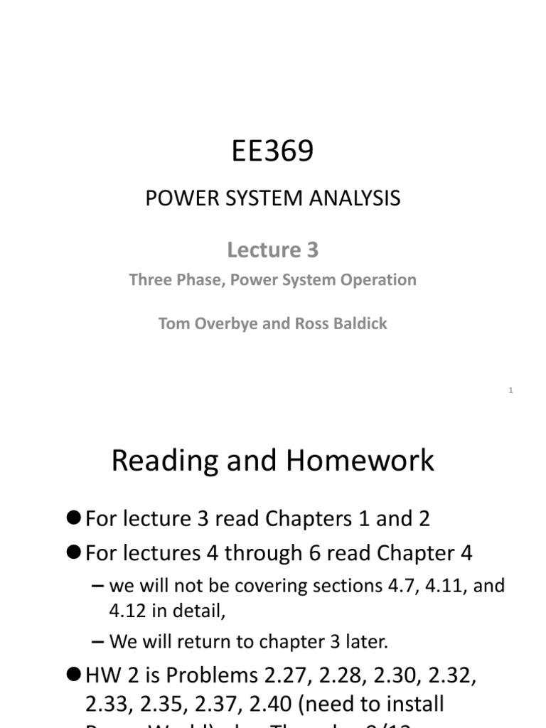 Power System Analysis: Three Phase, Power System Operation Tom Overbye ...