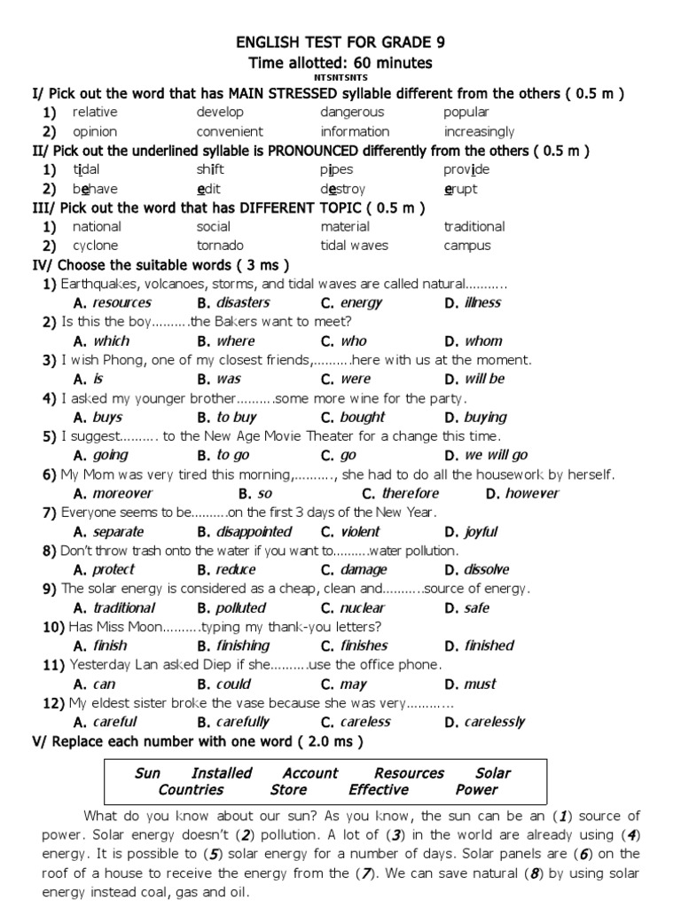 English Test For Grade 9 Time Allotted: 60 Minutes: Ntsntsnts | PDF