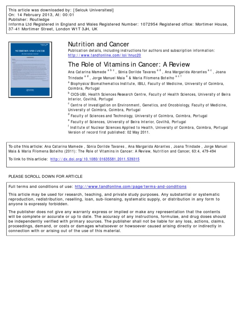 The Role of Vitamins in Cancer PDF Folic Acid Diet & Nutrition