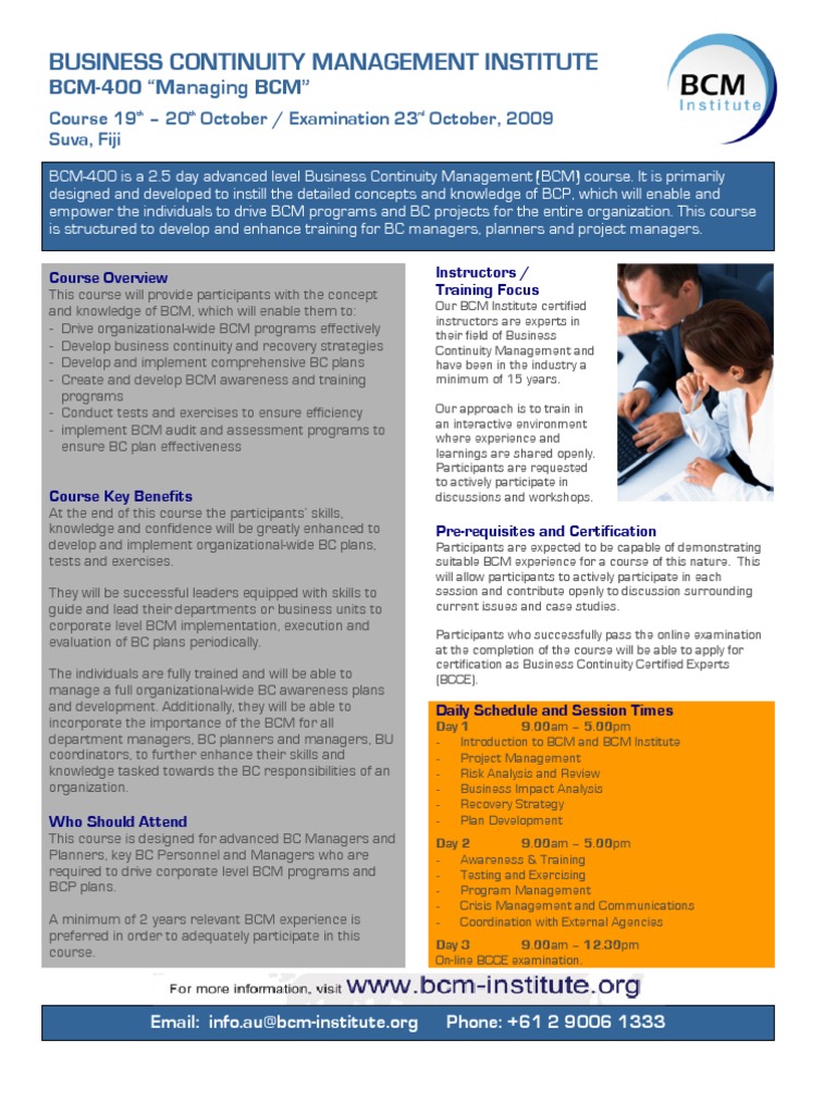 bcm400 Program Overview & Registration Fiji 19oct2009 PDF Business Continuity Test