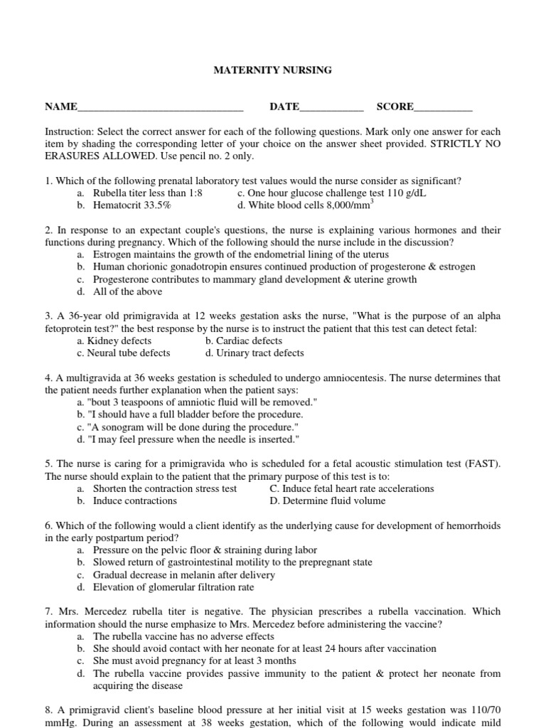 Maternity Nursing Assessment Questions | PDF | Childbirth | Fetus