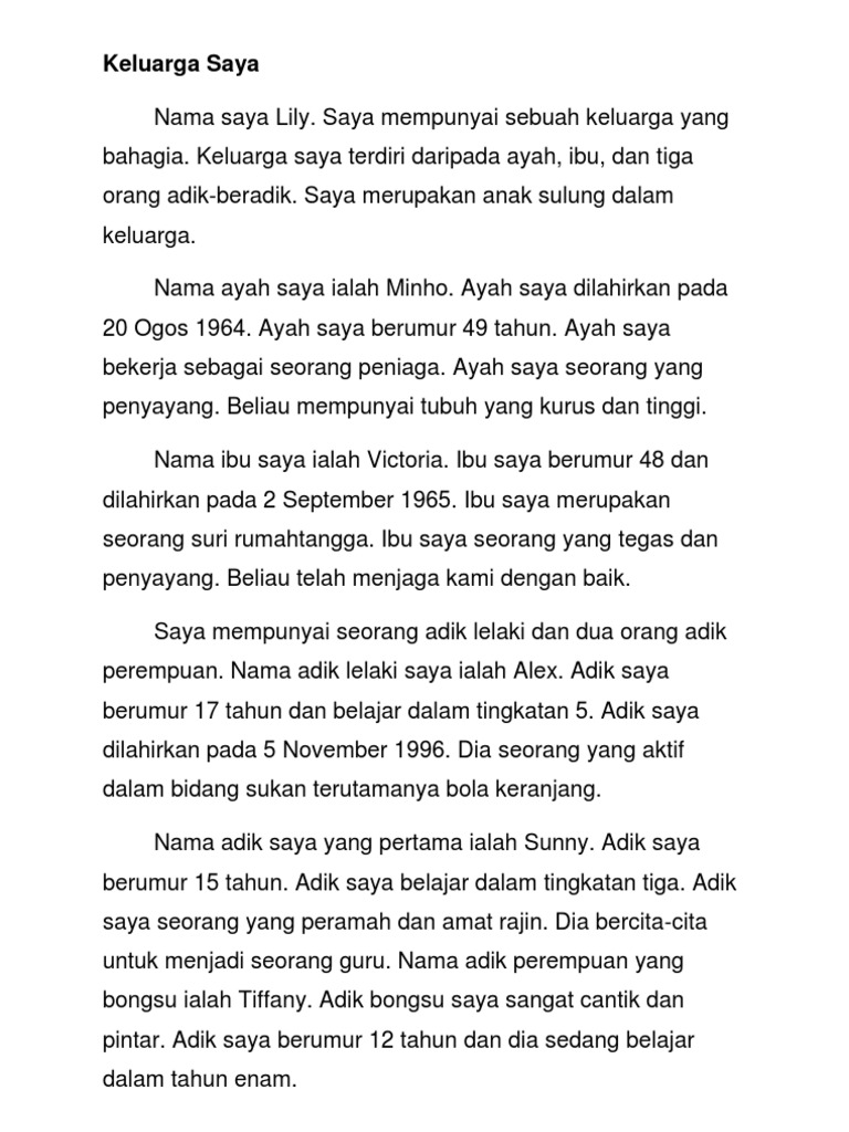 Contoh Karangan Keluarga Saya Dalam Bahasa Inggeris