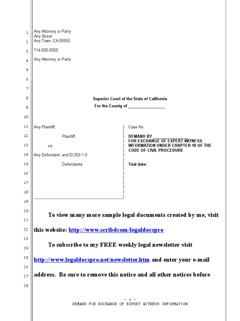 Sample Demand For Exchange of Expert Witness Information in California ...