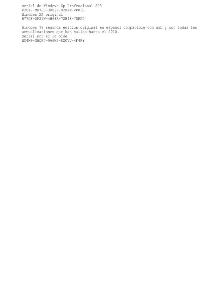 Seriales de Windows XP y 98 SE | PDF