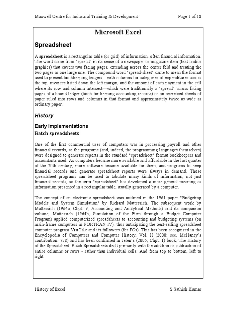History of Excel PDF Spreadsheet Microsoft Excel