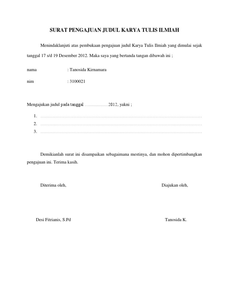 Surat Pengajuan Judul Karya Tulis Ilmiah By Tano 18 12 12