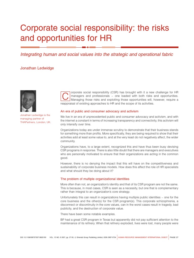 CSR Risks and Opportunities for HR | PDF | Corporate Social ...