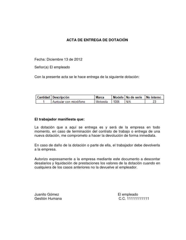 Formato De Entrega De Equipo De Trabajo  Para Trabajadores