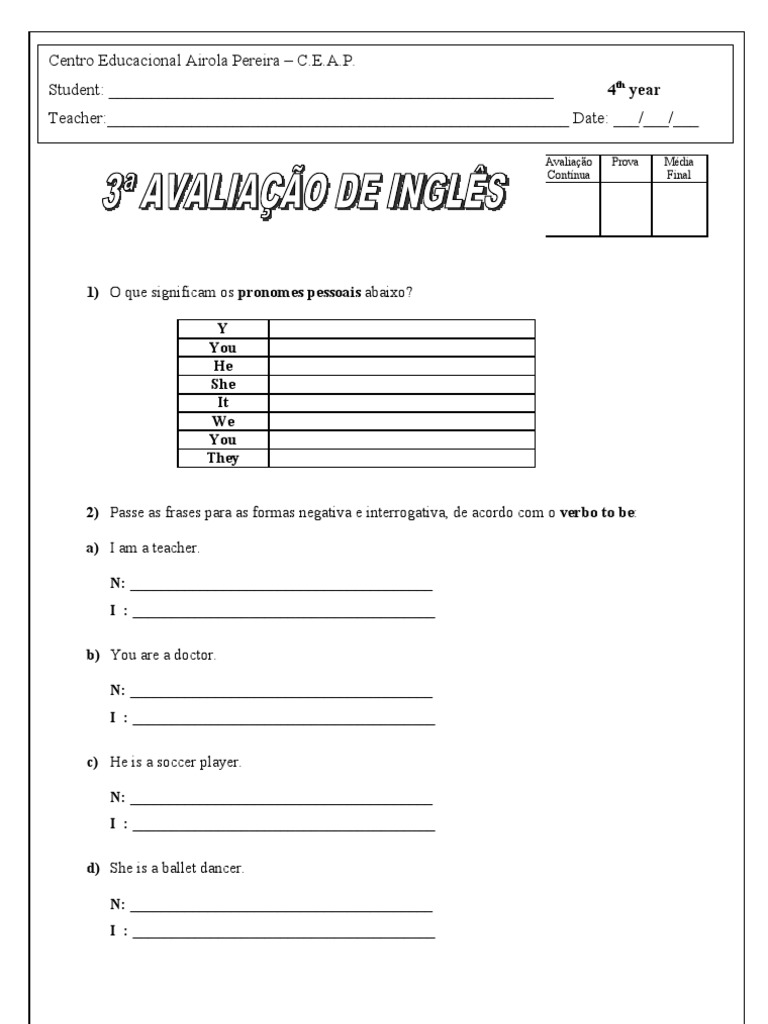 Prova de Inglês para 4º Ano | PDF | Carreira e Crescimento