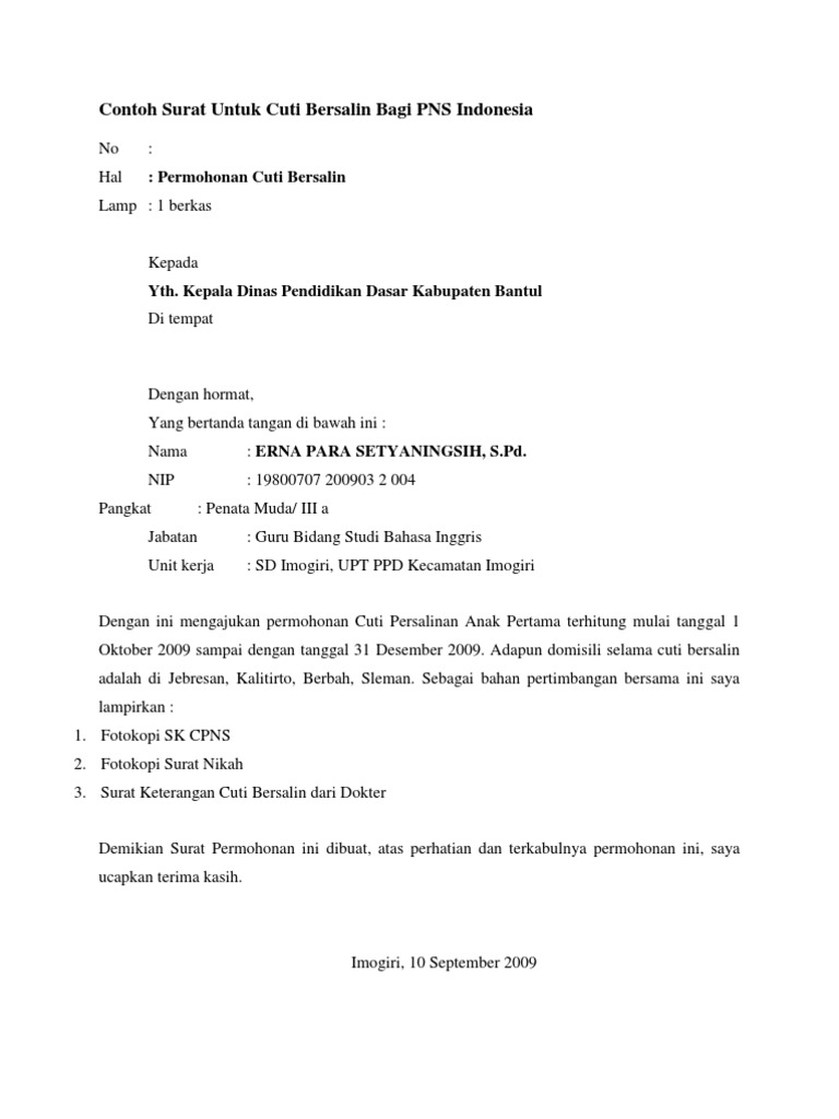 Contoh Surat Untuk Cuti Bersalin Bagi PNS Indonesia