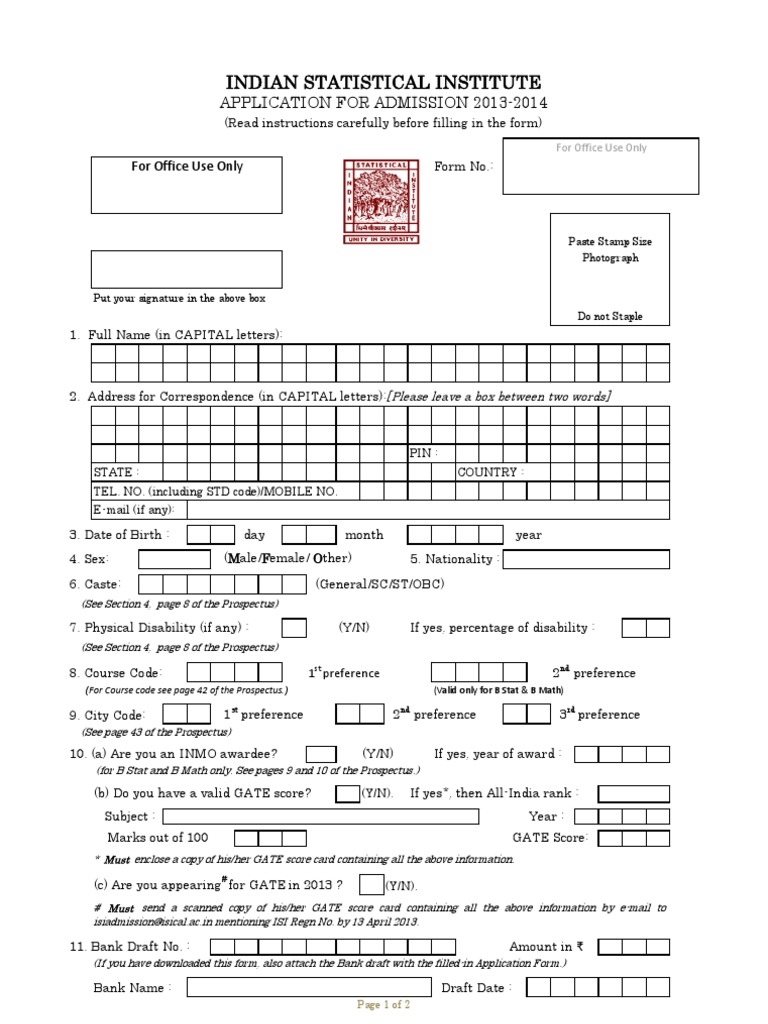 Indian Statistical Institute: Application For Admission 2013-2014 | PDF ...