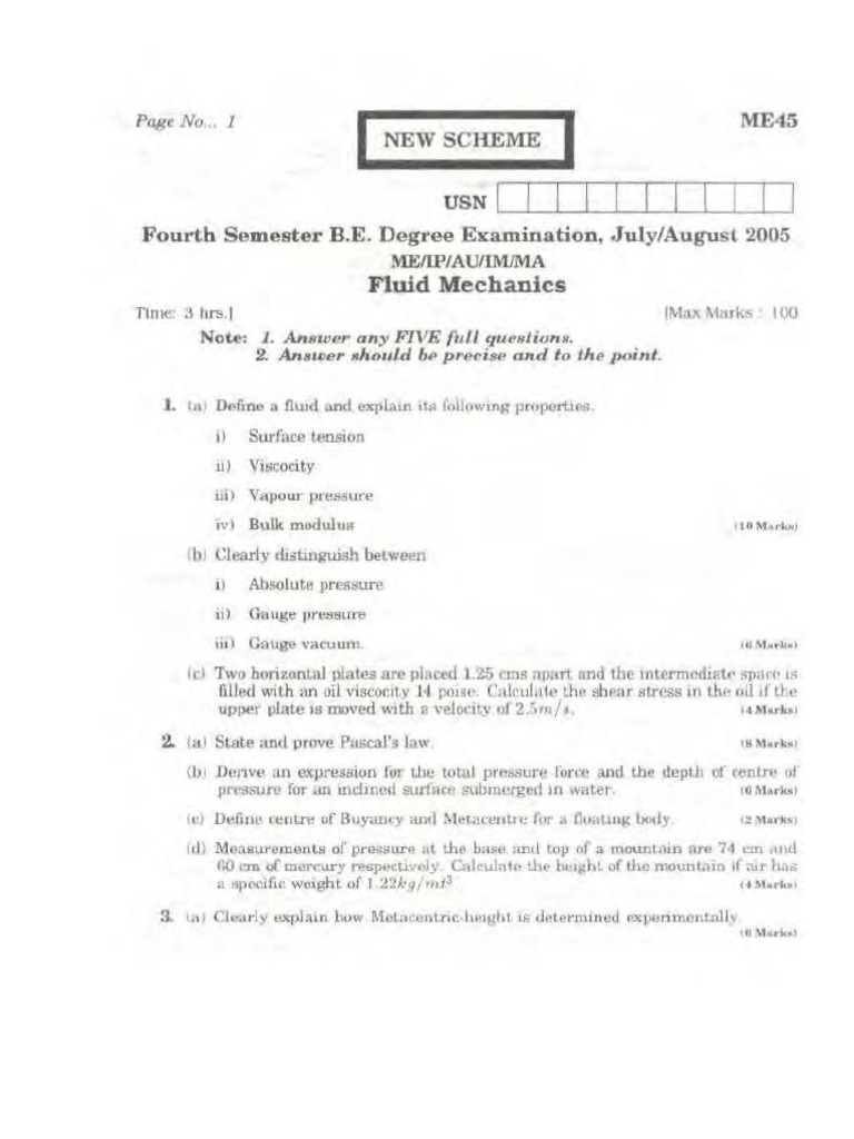 Fluid Mechanics Exam Questions | PDF | Fluid Dynamics | Pressure