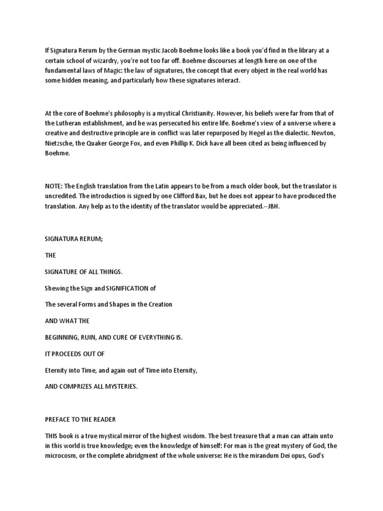 Jacob Boehme's Signatura Rerum Explained | PDF | Wisdom | Soul