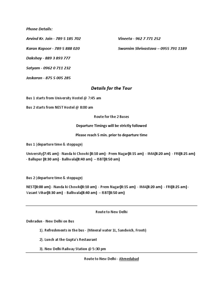 Tour Itinerary and Contact Details | PDF