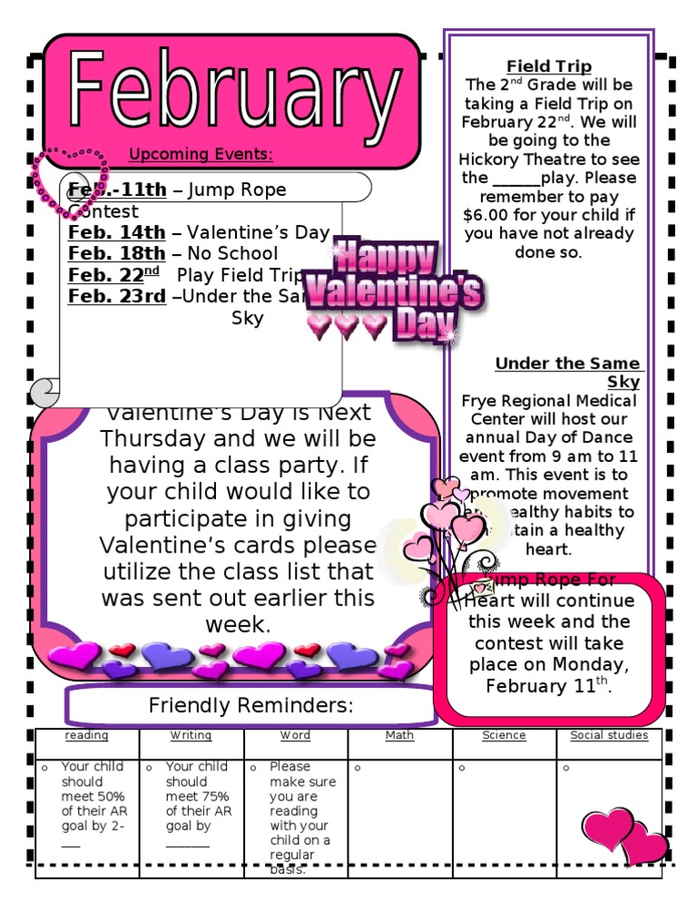 2nd Grade February Events & Reminders | PDF