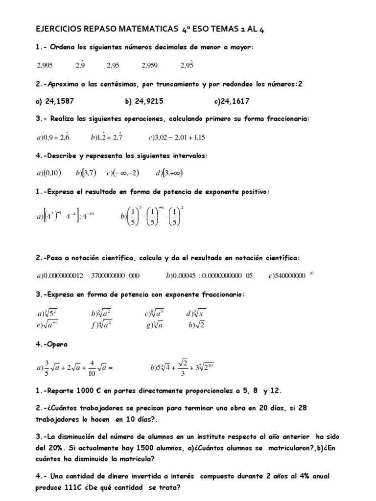 Ejercicios de Repaso Matemáticas 4º ESO | PDF | Exponenciación | Números