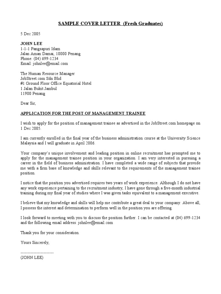 application letter for fresh graduate hotel and restaurant management