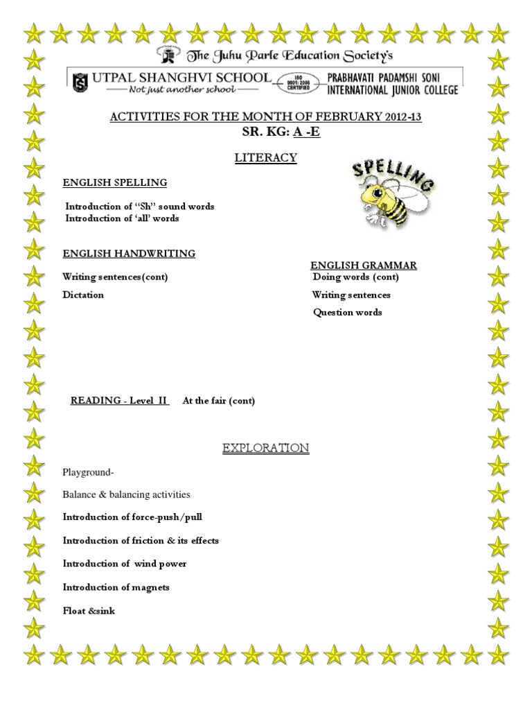 February 2012-13 SR. KG Activities | PDF | Language Arts & Discipline ...