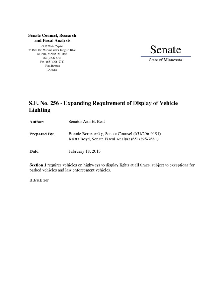Vehicle Lighting Requirement Bill S.F. 256 | PDF | Politics