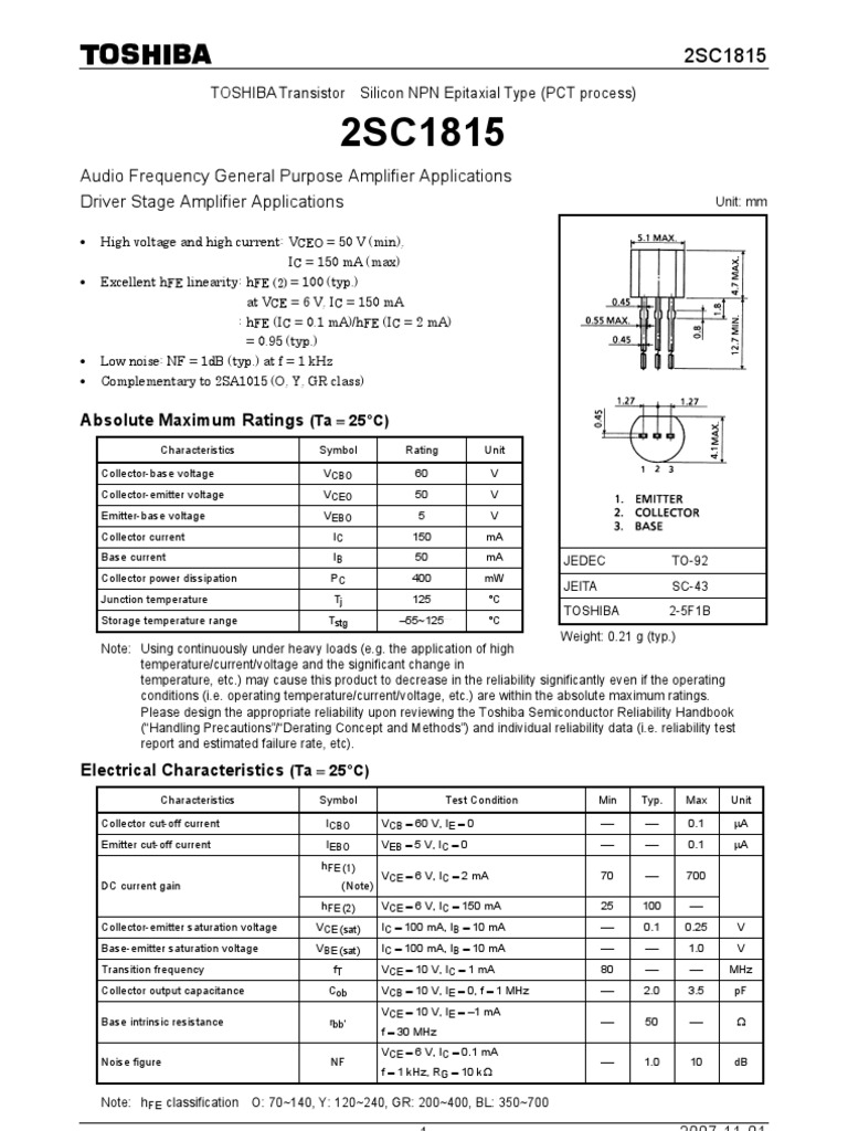 2SC1815 NPN Transistor Datasheet | PDF | Reliability Engineering ...