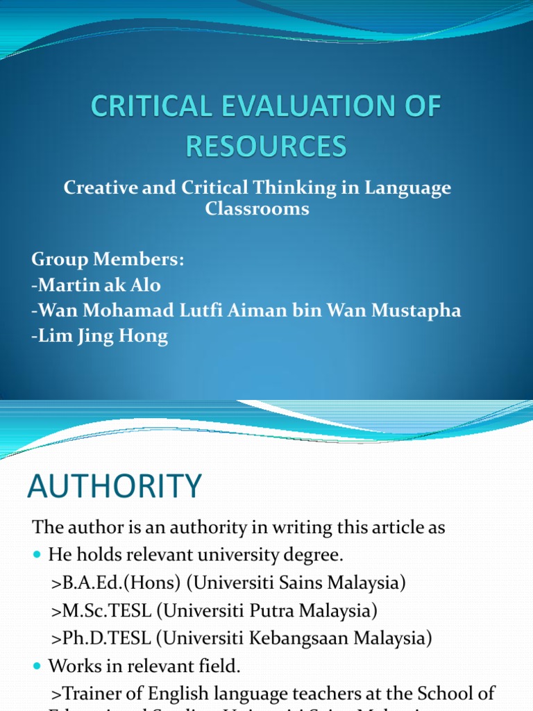 Critical Evaluation of Resources | PDF | Critical Thinking | English As ...