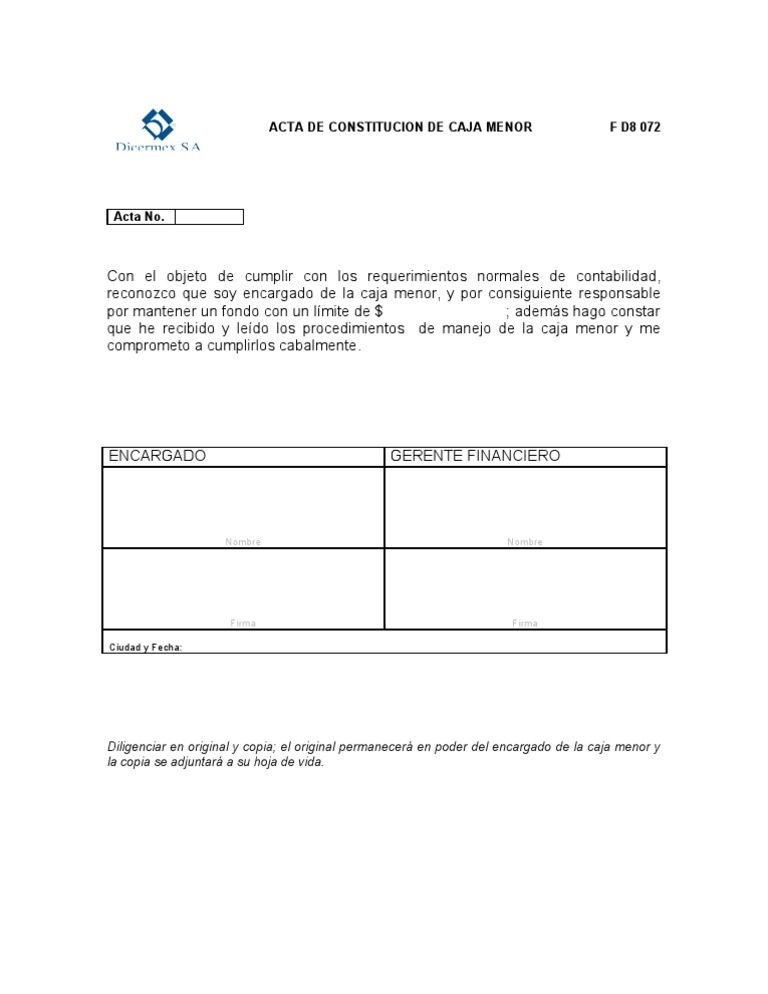 Modelo acta entrega caja menor – Assistente administrativo