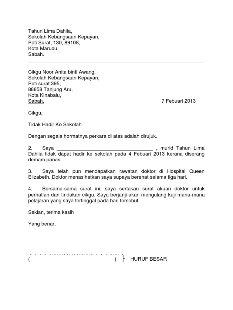 Contoh Surat Rasmi Tidak Hadir Ke Sekolah Kerana Atuk Sakit