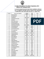 Result (Merit List Only) of The Written Test, Ph.D. Programme, 2013 (Held On 10 February, 2013)