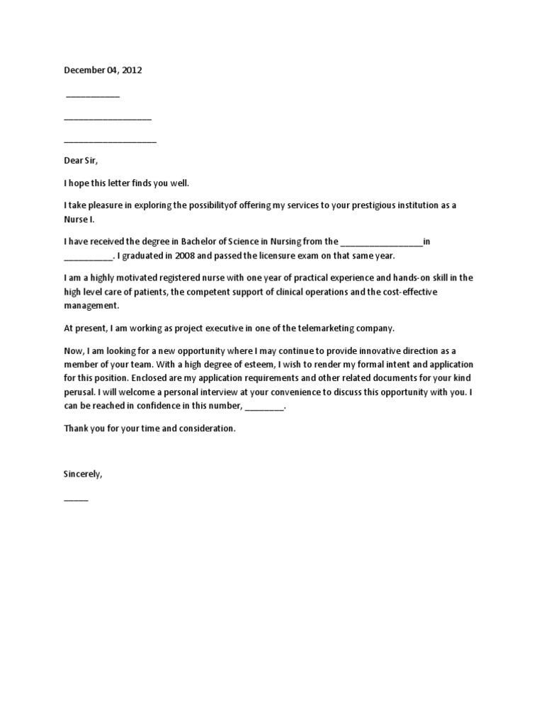 Sample Nurse Application Letter Nursing Medicine