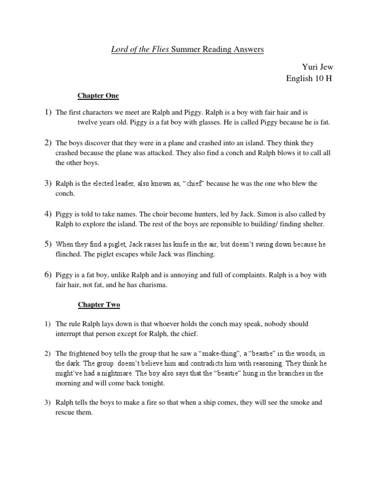 Lord of The Flies Summer Reading Answers PDF