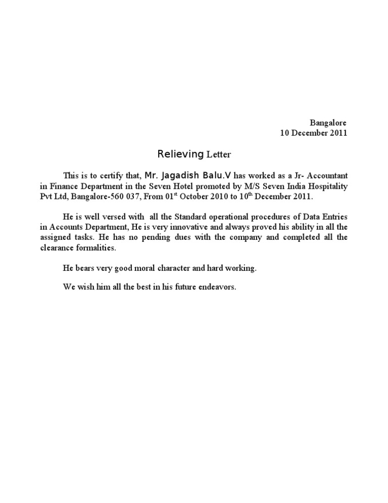 Relieving Letter for Jagadish Balu.V | PDF