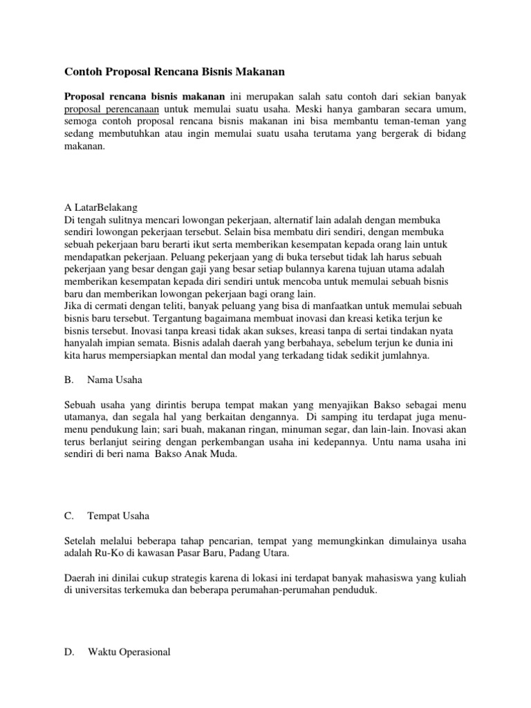 Contoh Proposal Rencana Bisnis Makanan