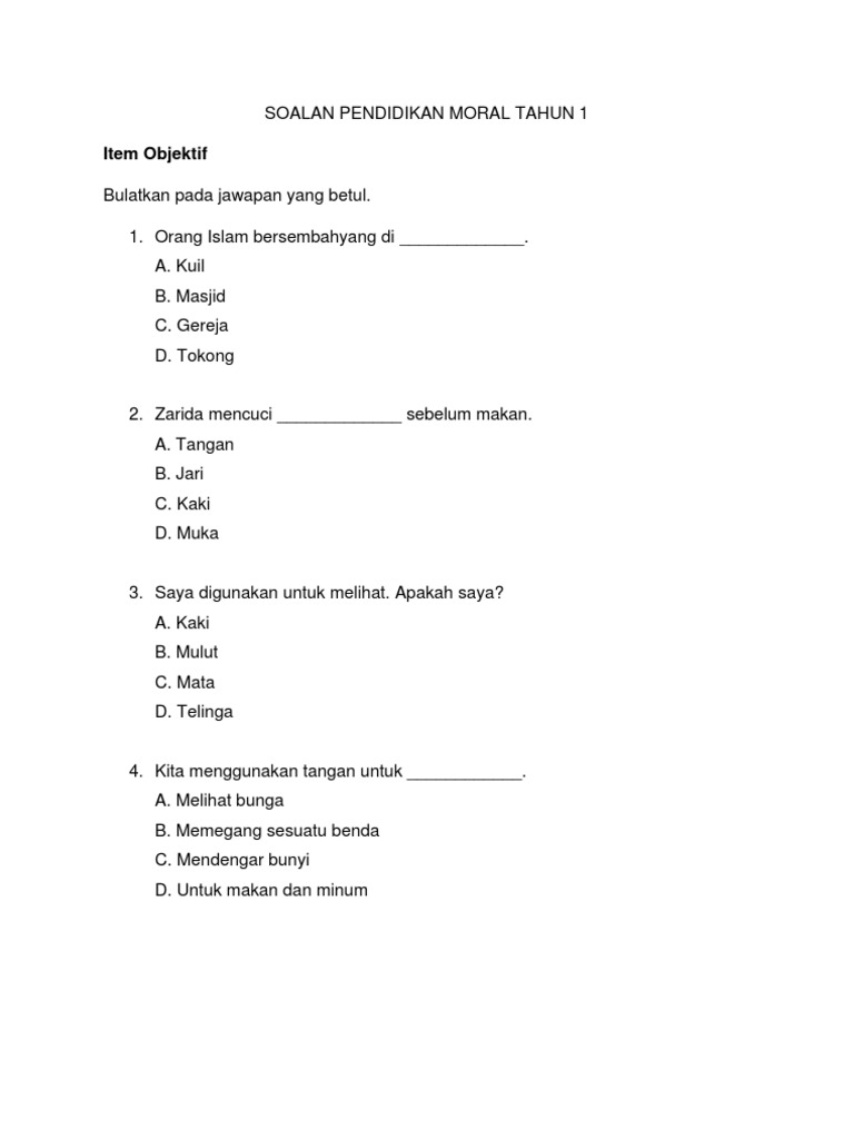 Soalan Pendidikan Moral Tahun 1 Pdf