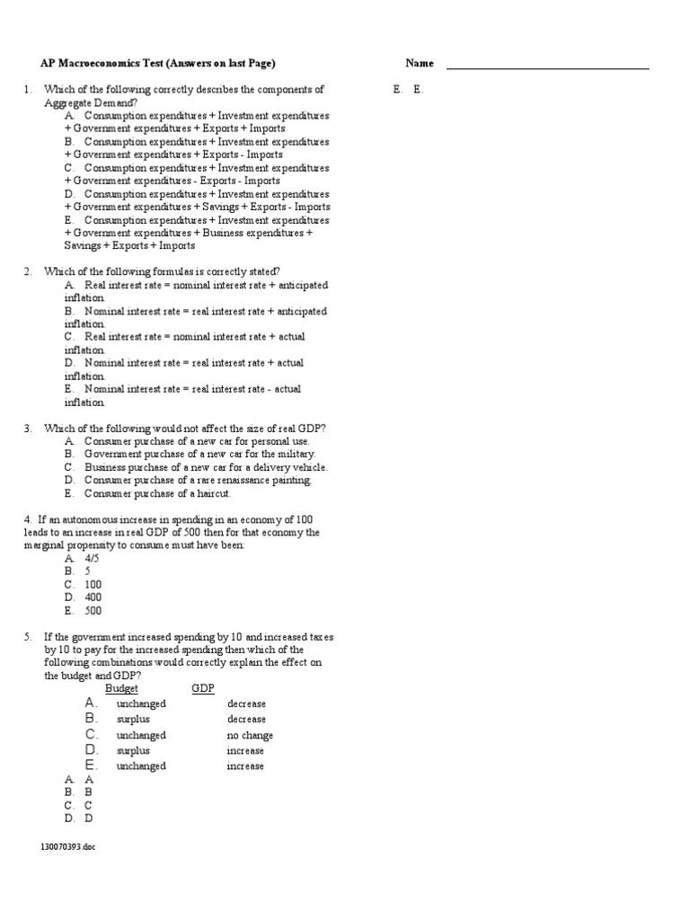 AP Macro Practice Test PDF Fiscal Policy Inflation