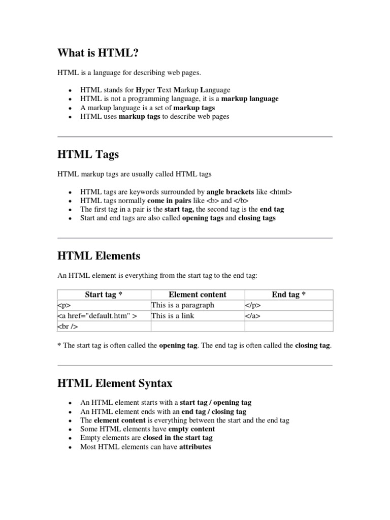 What Is HTML?: Start Tag Element Content End Tag | PDF | Html Element ...