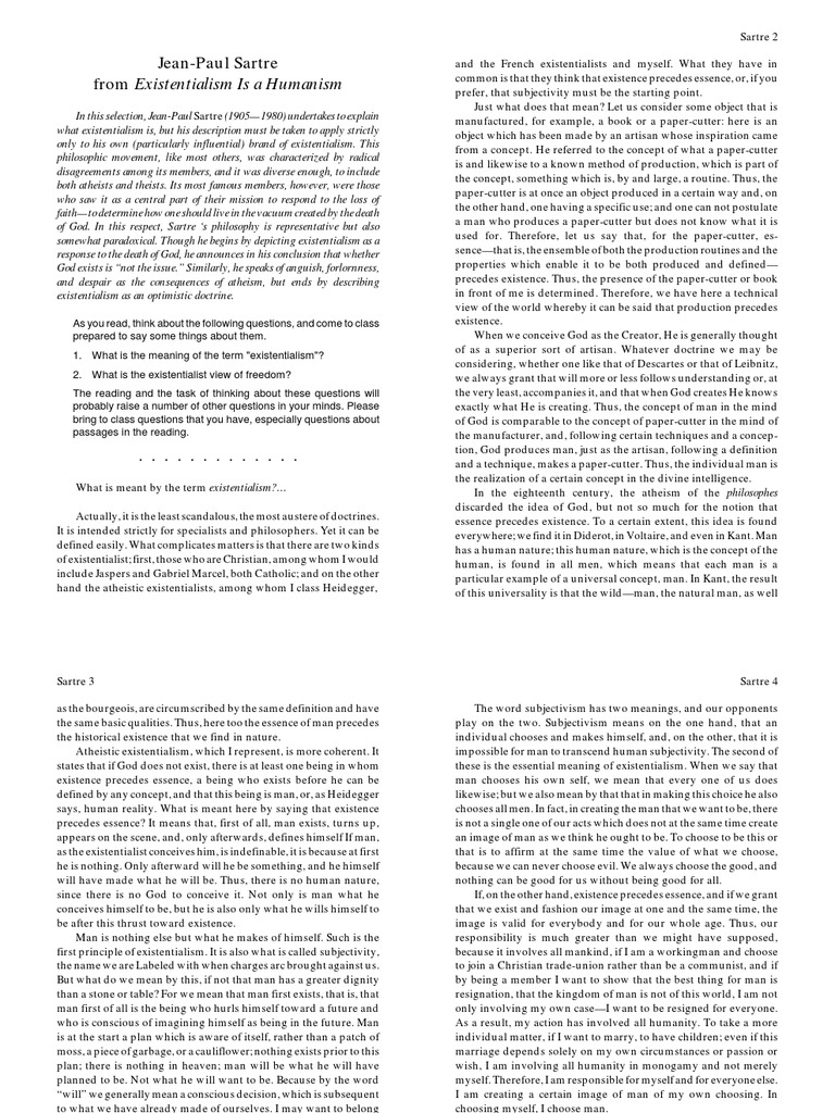 Existentialism Is A Humanism - Sartre | PDF | Existentialism | Atheism