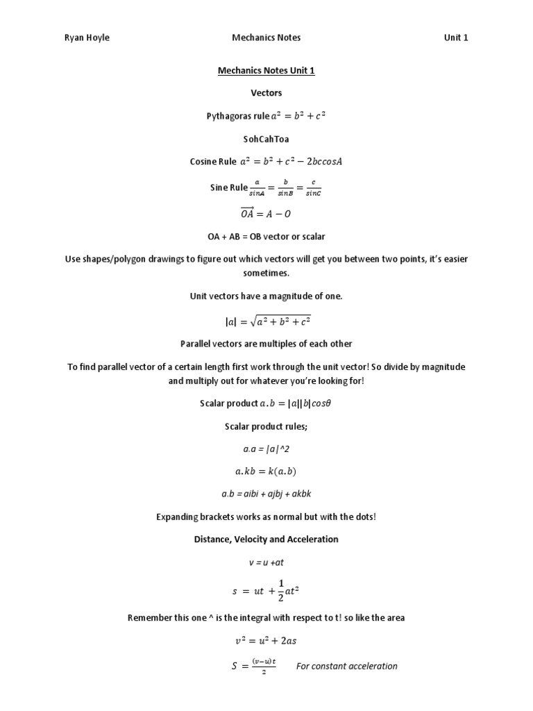 Advanced Higher Mechanics Unit 1 Notes COMPLETE | PDF | Euclidean ...