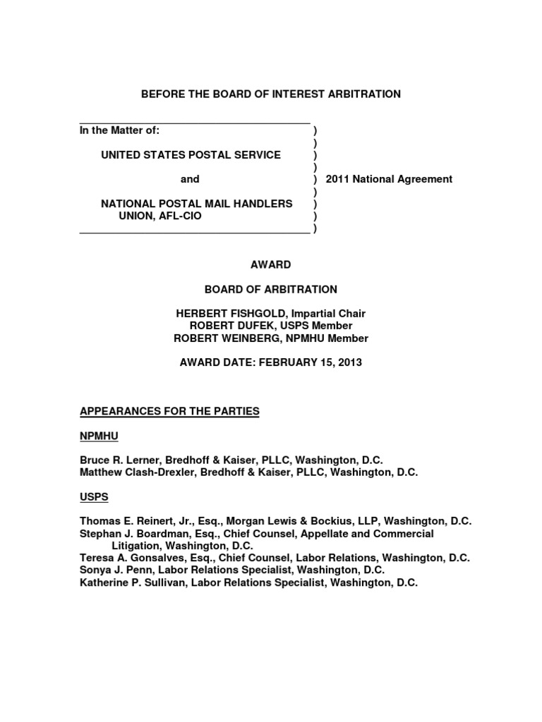 NPMHU, USPS Contract Arbitration Award United States Postal Service