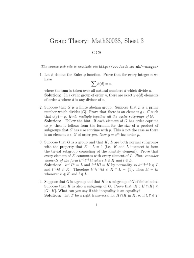 Group Theory: Math30038, Sheet 3: Solution: In a cyclic group of order ...