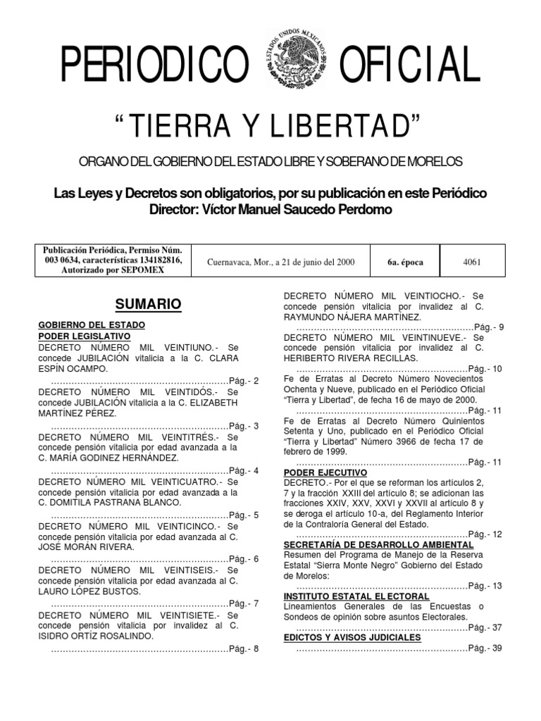 Decreto Reserva Sierra Montenegro Periódico Oficial Tierra y Libertad 210600 PDF Pensión