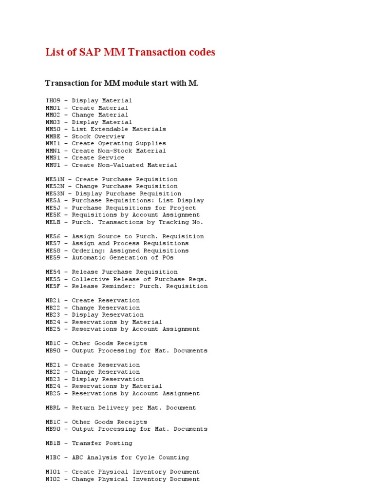 List of SAP MM Transaction Codes | PDF | Service Industries ...