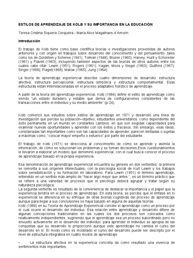 Estilos de Aprendizaje de Kolb en Educación | PDF | Aprendizaje | Toma ...