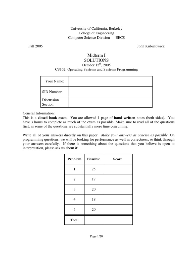 CS162 Fall 2005 Midterm Solutions | PDF | Scheduling (Computing ...