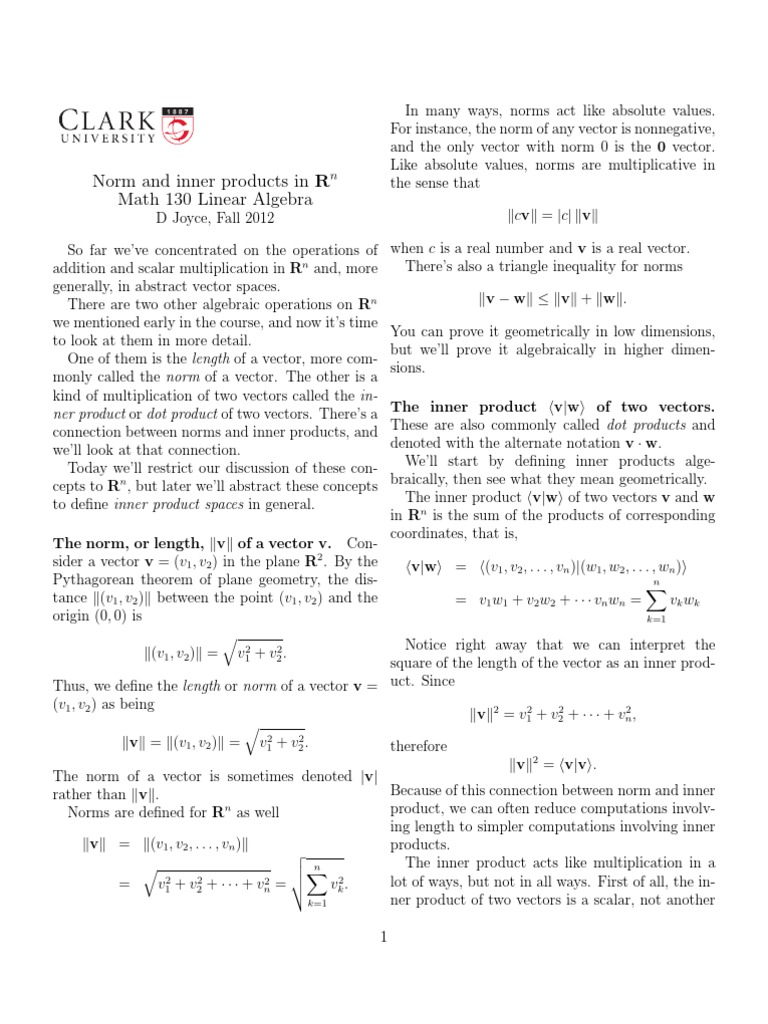 Norm and Inner Products in R Math 130 Linear Algebra PDF Norm
