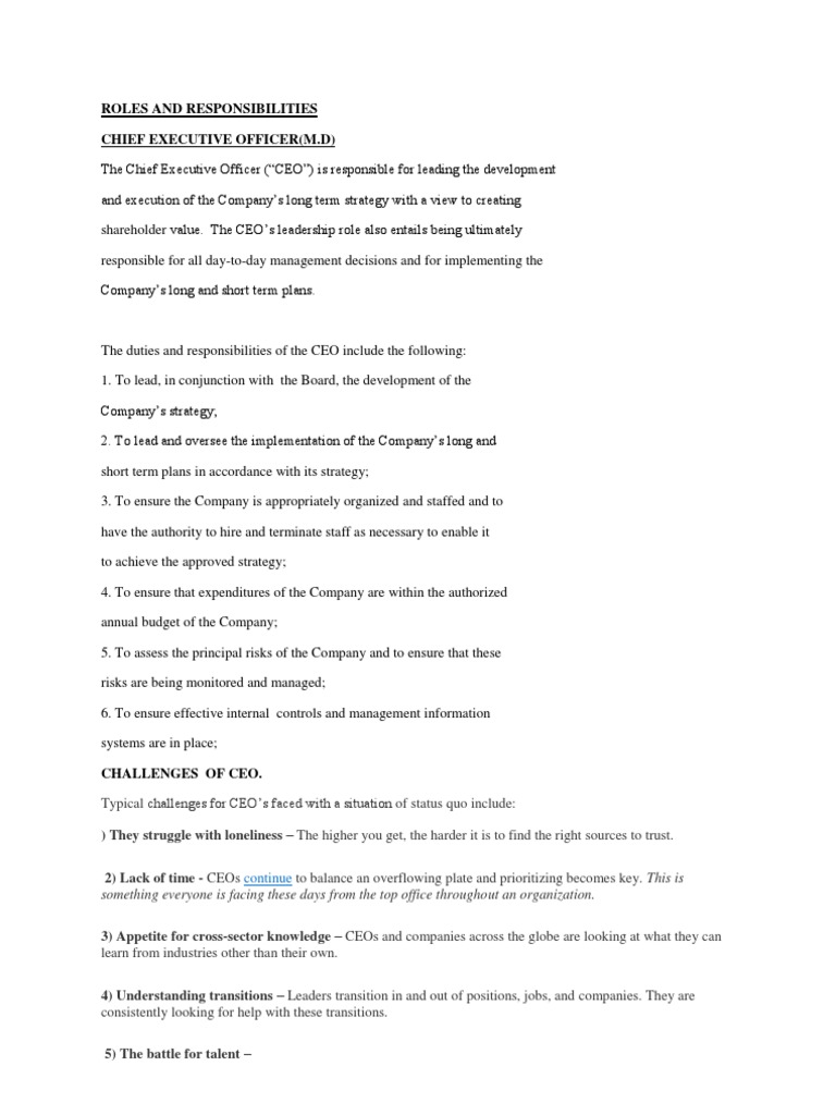 Roles And Responsibilities Of Ceo | Pdf